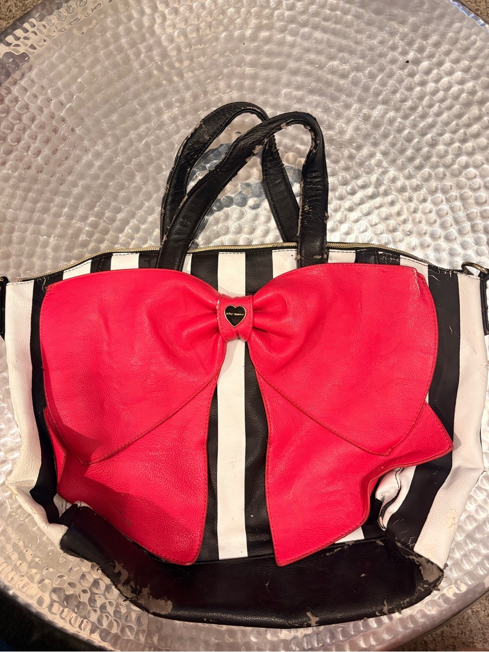 Vintage Black & White Stripe Tote with Large Pink Bow